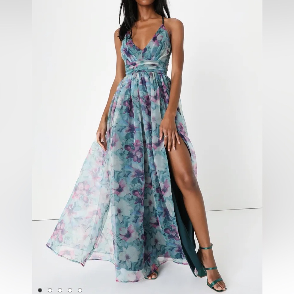 Lulus Romance that Wows Dark Teal Floral Print Organza Maxi Dress